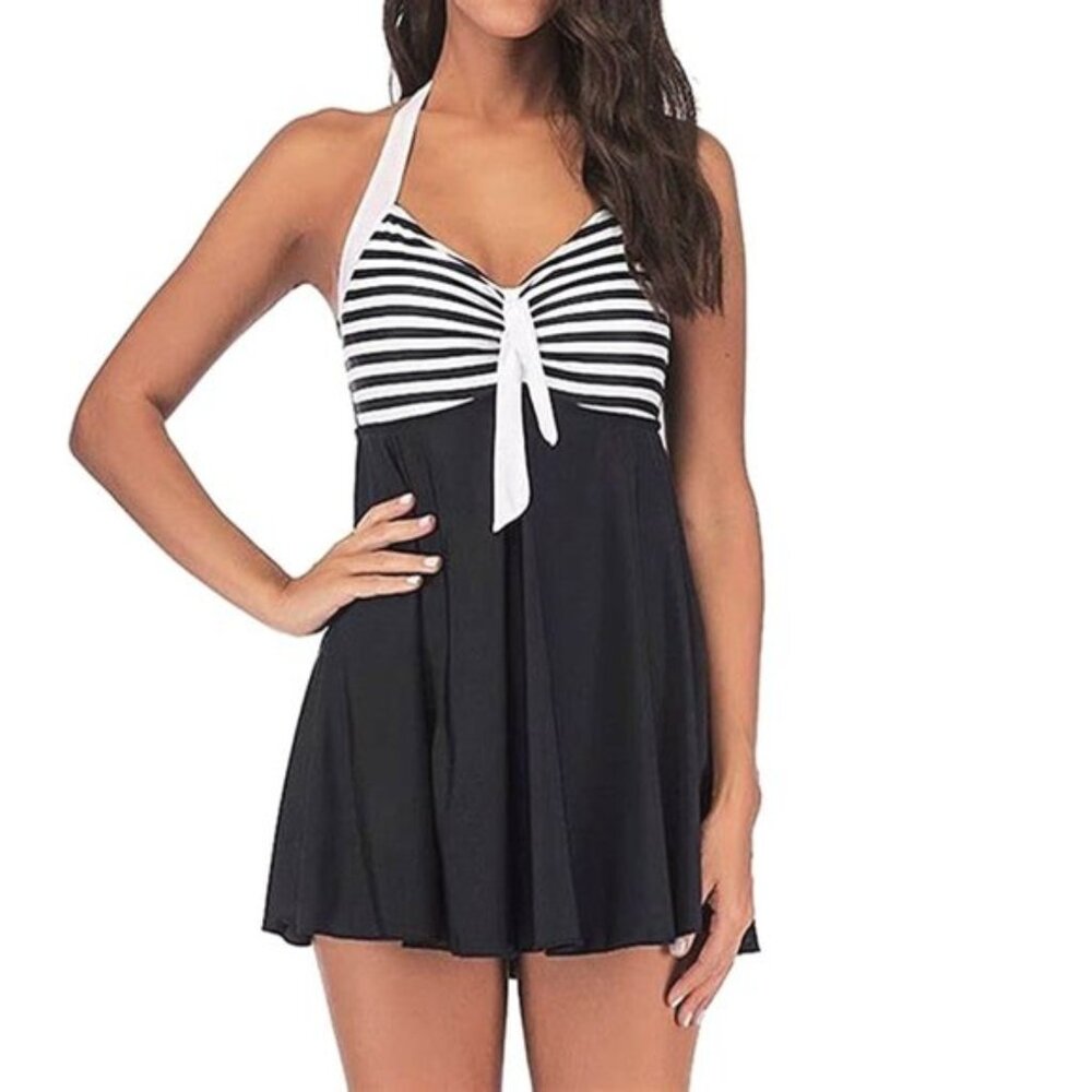 Plus Size Retro Skipper 1-PC Sailor Swimsuit Pin Up Nautical Halter Swim Dress - Picture 4 of 8